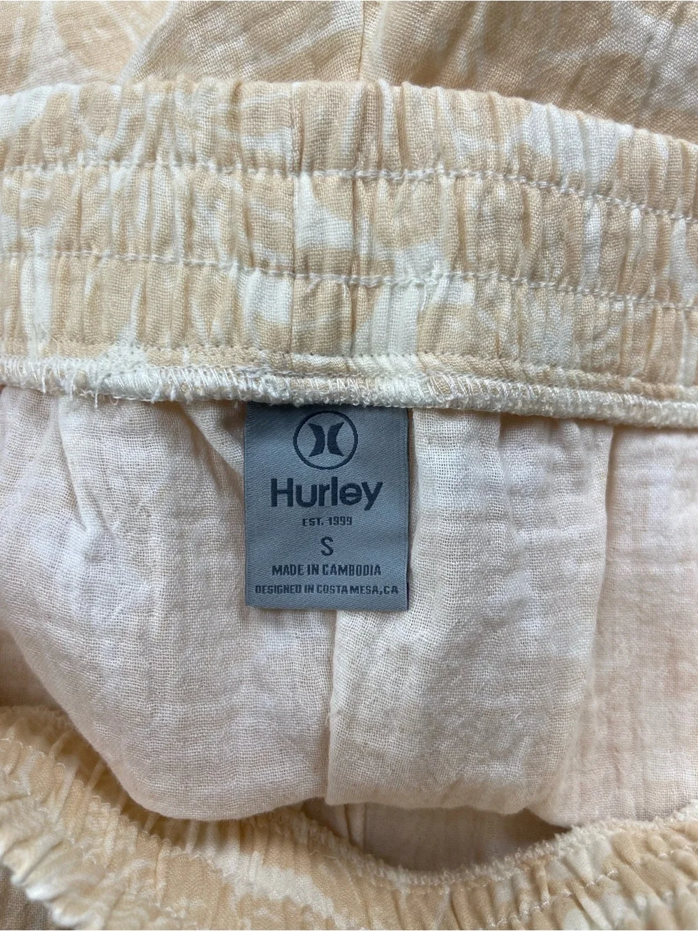 Hurley Tan and White Gauzy 100% Cotton Elastic-Waist‎ Tropical Pants, Small